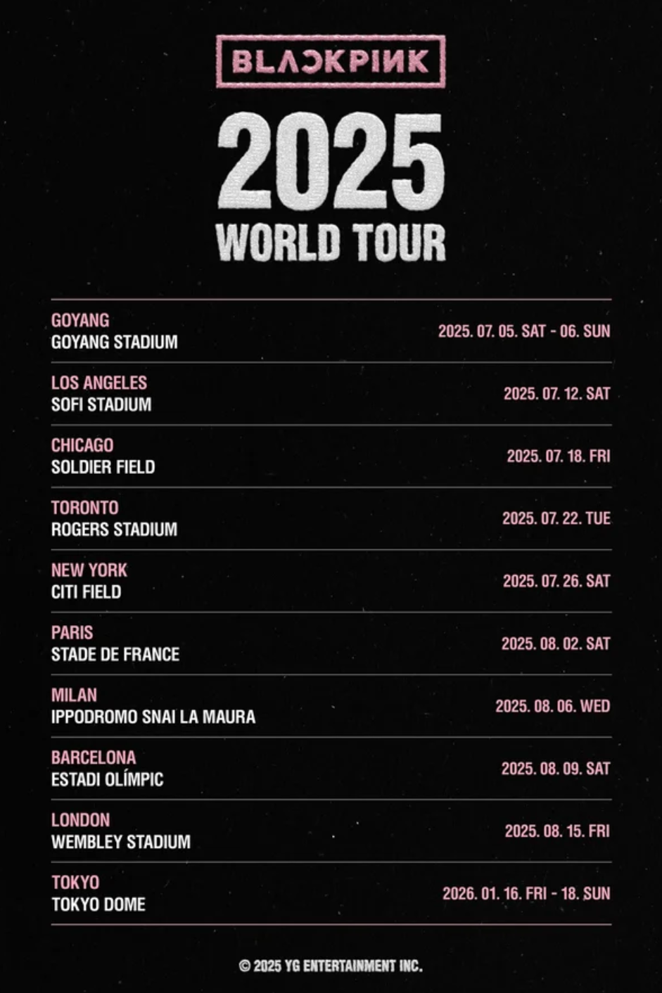 블랙핑크 올해 투어 일정표. (사진=YG엔터)