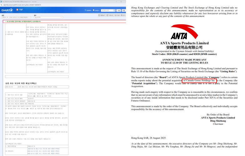 (왼쪽부터)F&F공시자료 및 중국 안타스포츠 자료 갈무리
