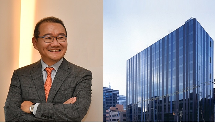 김창수에프앤에프 대표이사 사장과 사옥 전경(사진=에프앤에프)